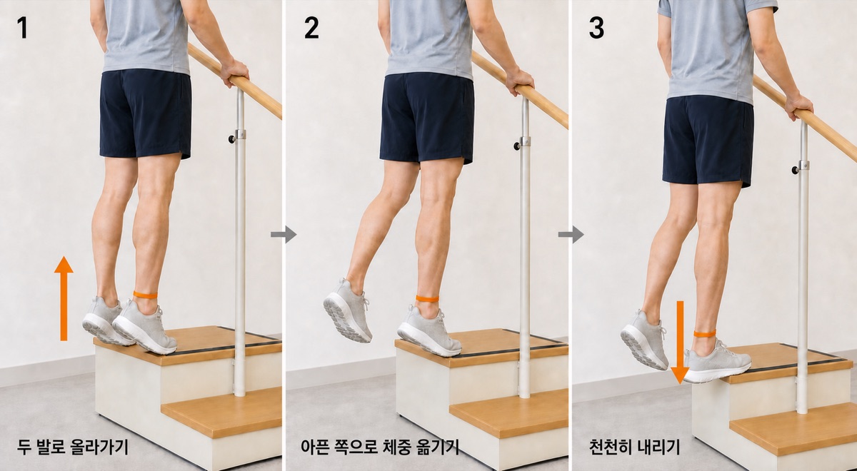 계단 끝에서 두 발로 올라간 뒤 아픈 쪽 발로 체중을 옮기고 그 발의 뒤꿈치를 천천히 내리는 세 단계 동작