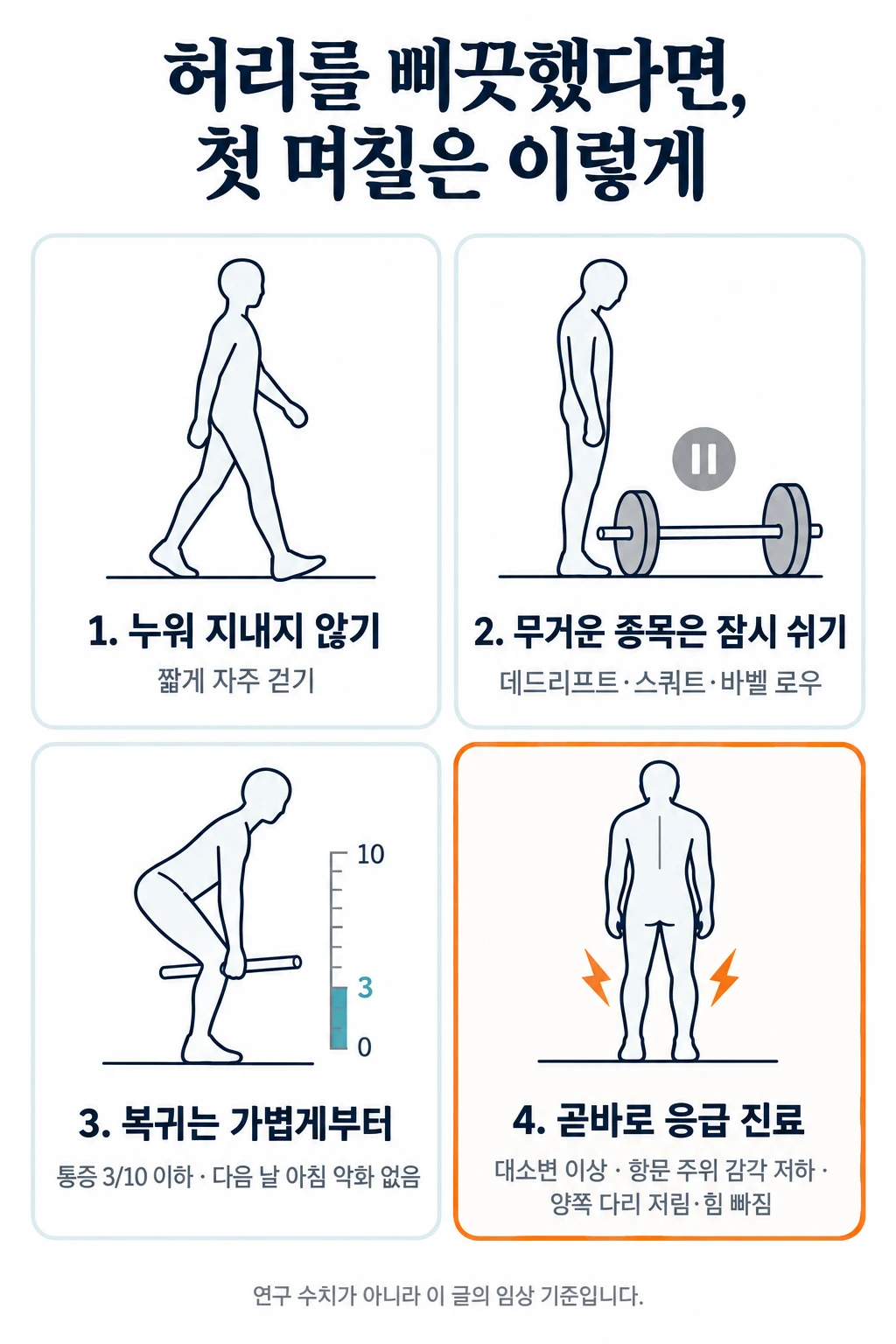 허리를 삐끗한 뒤 첫 며칠과 진료 신호를 네 칸 그림으로 정리했다. 1 누워 지내기보다 짧게 자주 걷기, 2 데드리프트·스쿼트·바벨 로우는 잠시 쉬기, 3 복귀는 통증 10점 만점에 3점 이하·다음 날 아침 악화 없음을 기준으로, 4 대소변 이상·항문 주위 감각 저하·양쪽 다리 저림이나 힘 빠짐은 곧바로 응급 진료.