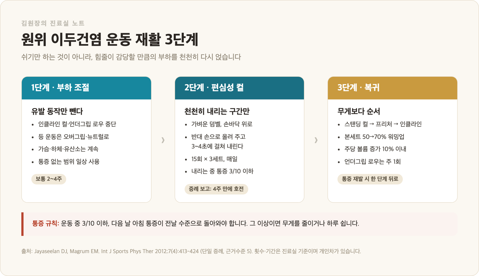 원위 이두건염 운동 재활 3단계 인포그래픽 - 1단계 유발 동작만 빼는 부하 조절 2~4주, 2단계 가벼운 덤벨로 3~4초 내리는 편심성 컬 15회 3세트 매일, 3단계 스탠딩 컬에서 인클라인 컬로 순서대로 복귀, 통증 규칙 3/10 이하