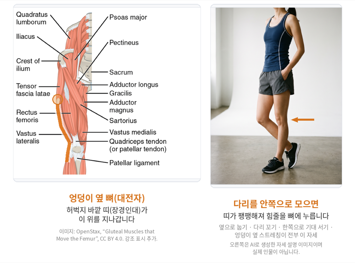 왼쪽은 허벅지 앞면 해부 도판에 엉덩이 옆 뼈(대전자) 위치를 주황 원으로, 그 위를 지나 무릎 바깥까지 내려가는 장경인대를 주황 선으로 표시한 그림. 오른쪽은 다리를 꼬고 선 사람의 사진에 다리가 몸 안쪽으로 모이는 방향을 가리키는 주황 화살표가 있는 그림