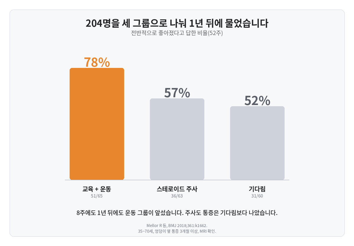 세 그룹의 52주 시점 '전반적으로 좋아졌다' 응답 비율을 비교한 막대그래프. 교육과 운동 78퍼센트, 스테로이드 주사 57퍼센트, 기다림 52퍼센트로 표시돼 있고 아래에 출처가 적혀 있다