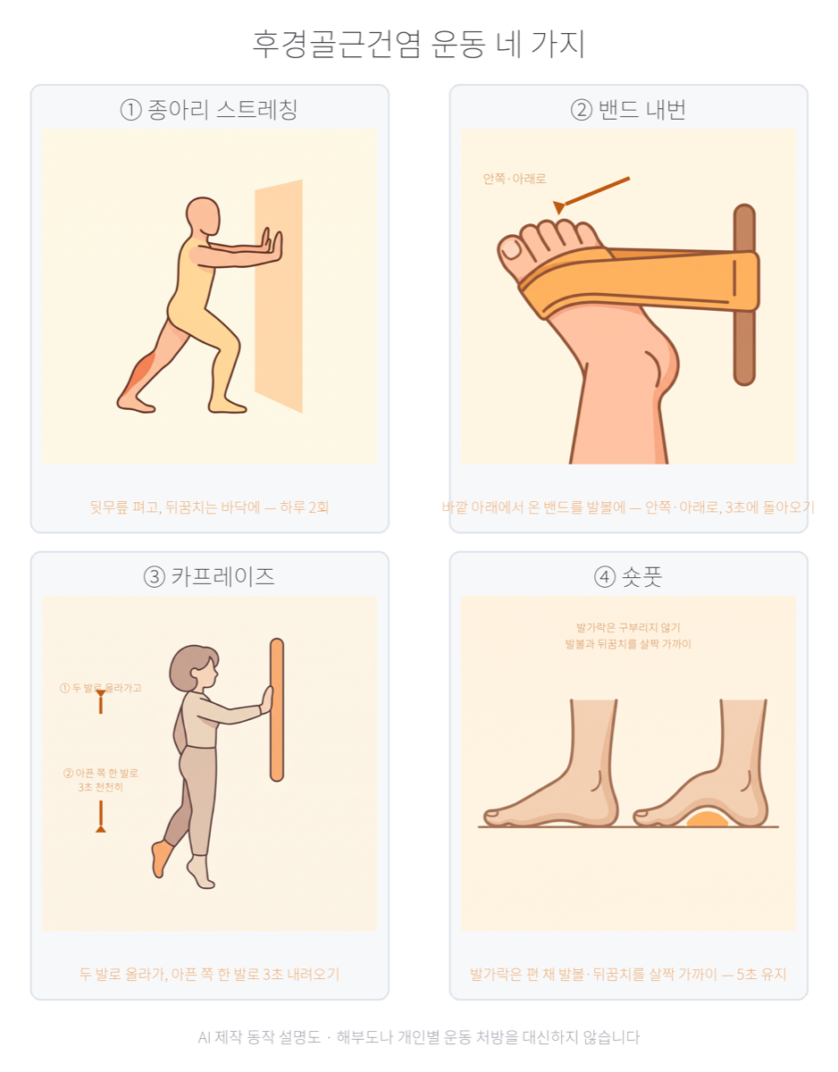 후경골근건병증 운동 네 가지 일러스트 카드. 종아리 스트레칭, 밴드 내번, 카프레이즈, 숏풋 동작 설명