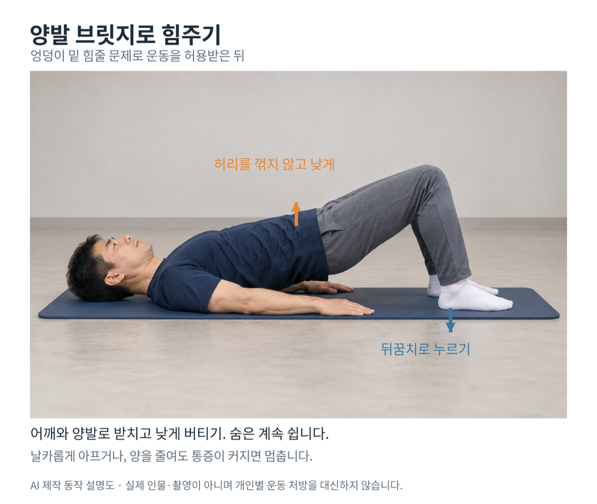 매트에 등을 대고 누워 무릎을 굽힌 채 엉덩이를 낮게 든 양발 브릿지. 뒤꿈치로 누르는 방향과 골반을 드는 방향을 화살표로 표시했다.