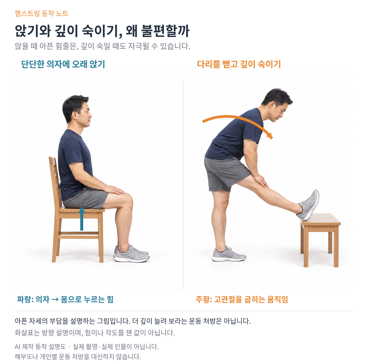 왼쪽은 단단한 의자에 오래 앉은 옆모습과 몸 쪽으로 향하는 파란 압박 화살표, 오른쪽은 한 발을 벤치에 올리고 상체를 깊이 숙이는 모습과 고관절이 굽는 주황 화살표.