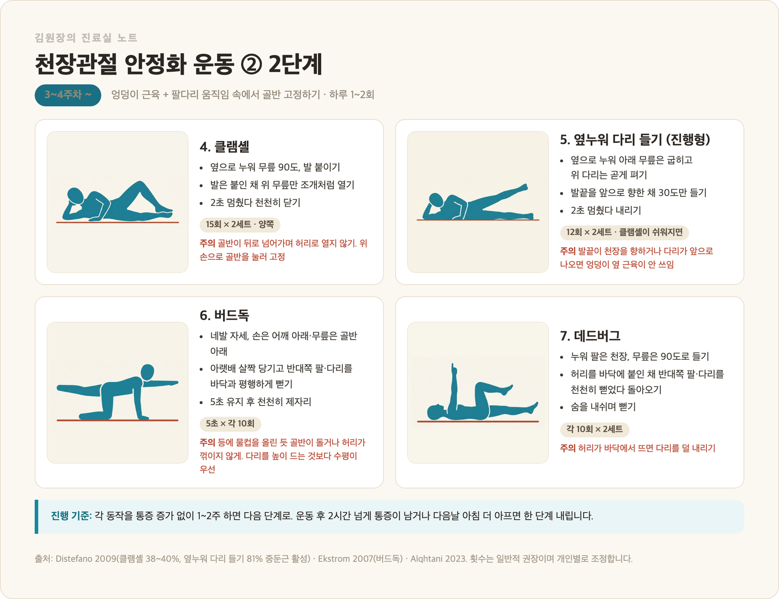 천장관절 안정화 운동 2단계 카드 - 클램셸, 옆누워 다리 들기, 버드독, 데드버그 동작 그림과 방법, 횟수, 주의점