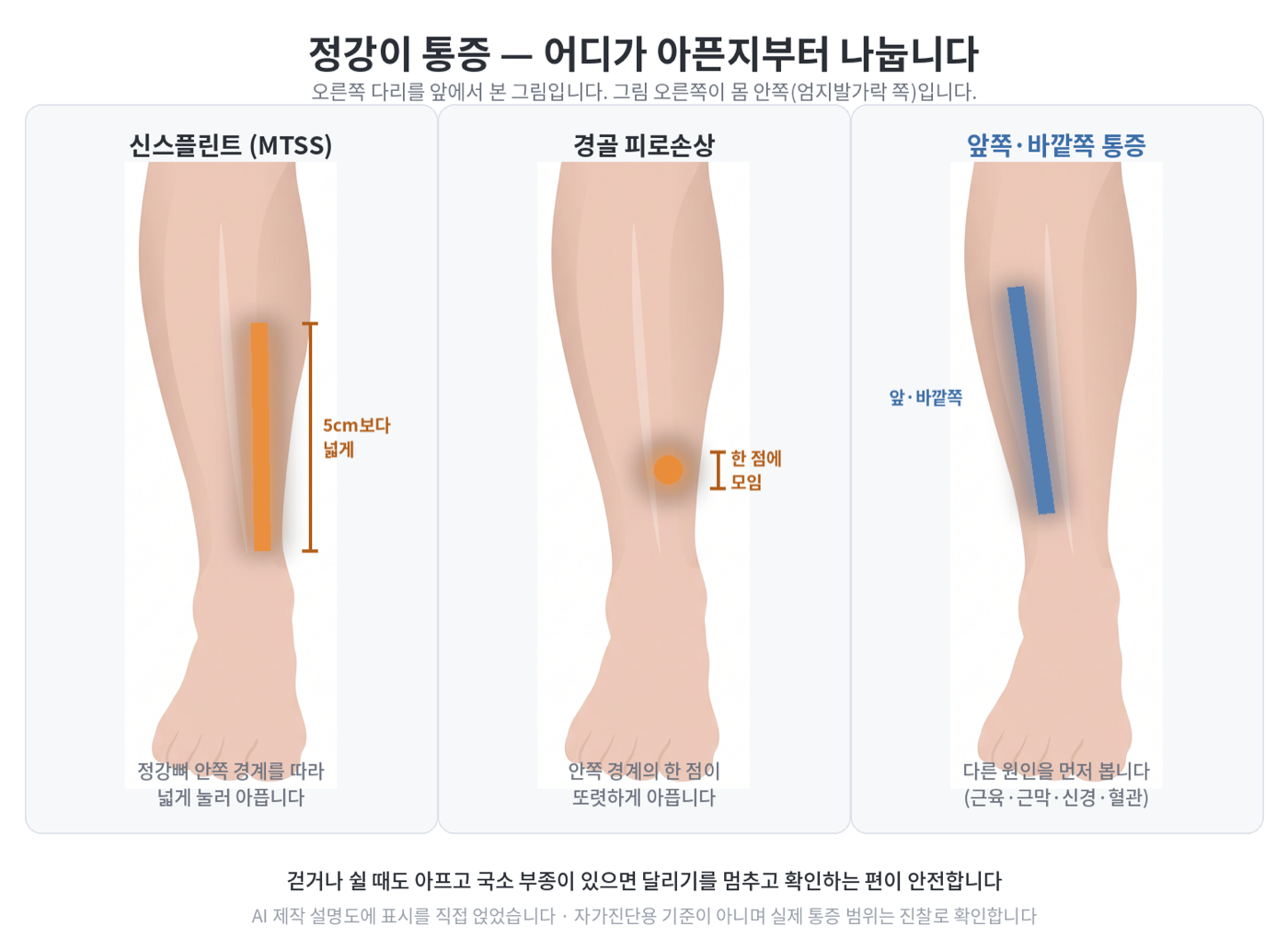 오른쪽 다리를 앞에서 본 세 컷 도식. 신스플린트는 정강뼈 안쪽 경계를 따라 5cm보다 넓게, 경골 피로손상은 안쪽 경계의 한 점에 압통이 모이며, 앞쪽·바깥쪽 통증은 근육·근막·신경·혈관 등 다른 원인을 먼저 본다고 표시했다