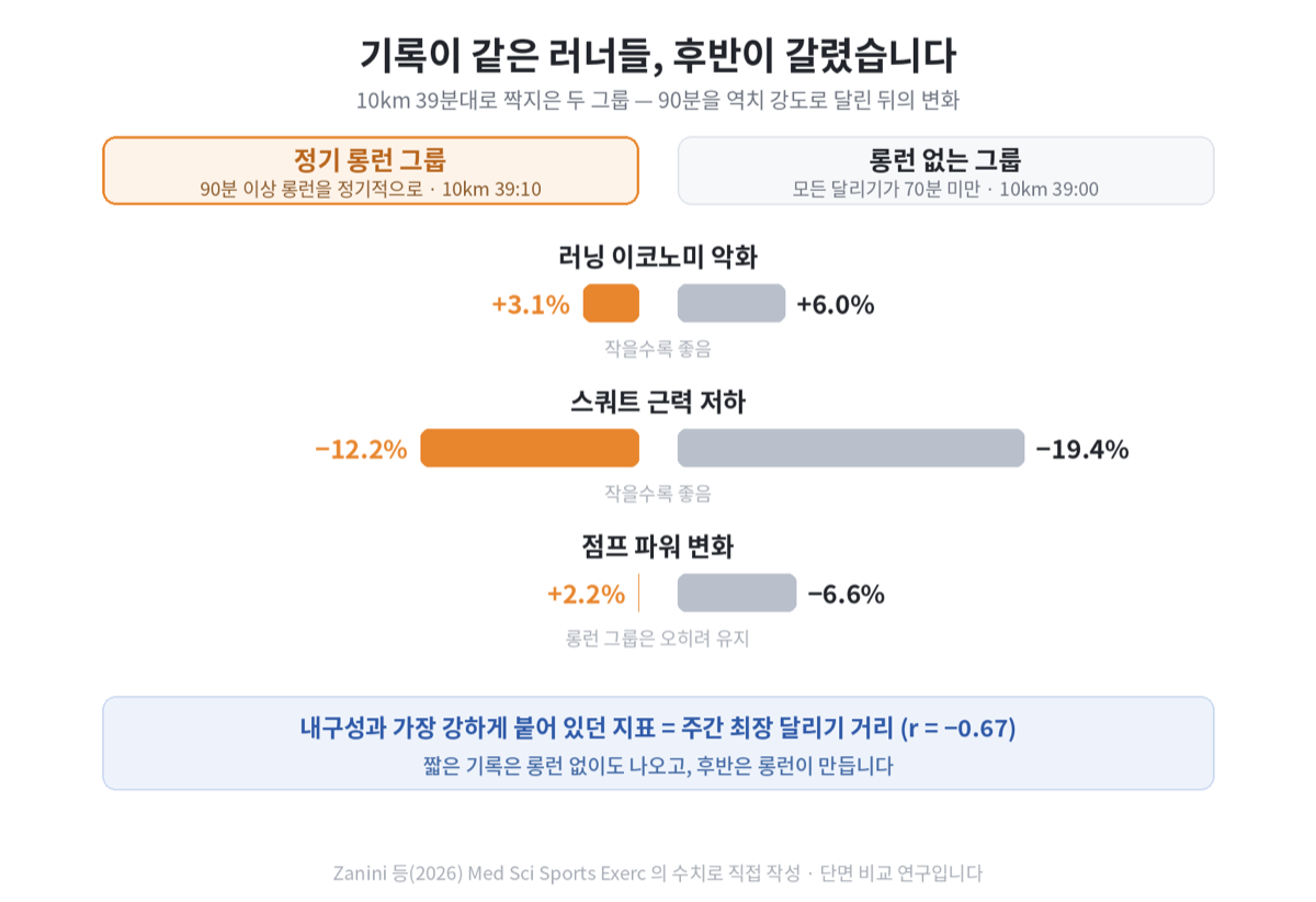 10km 기록이 39분대로 같은 두 그룹을 90분 역치주 뒤에 비교한 카드. 정기 롱런 그룹은 러닝 이코노미 악화 3.1퍼센트, 스쿼트 근력 저하 12.2퍼센트, 점프 파워 플러스 2.2퍼센트였고, 롱런 없는 그룹은 각각 6.0퍼센트, 19.4퍼센트, 마이너스 6.6퍼센트