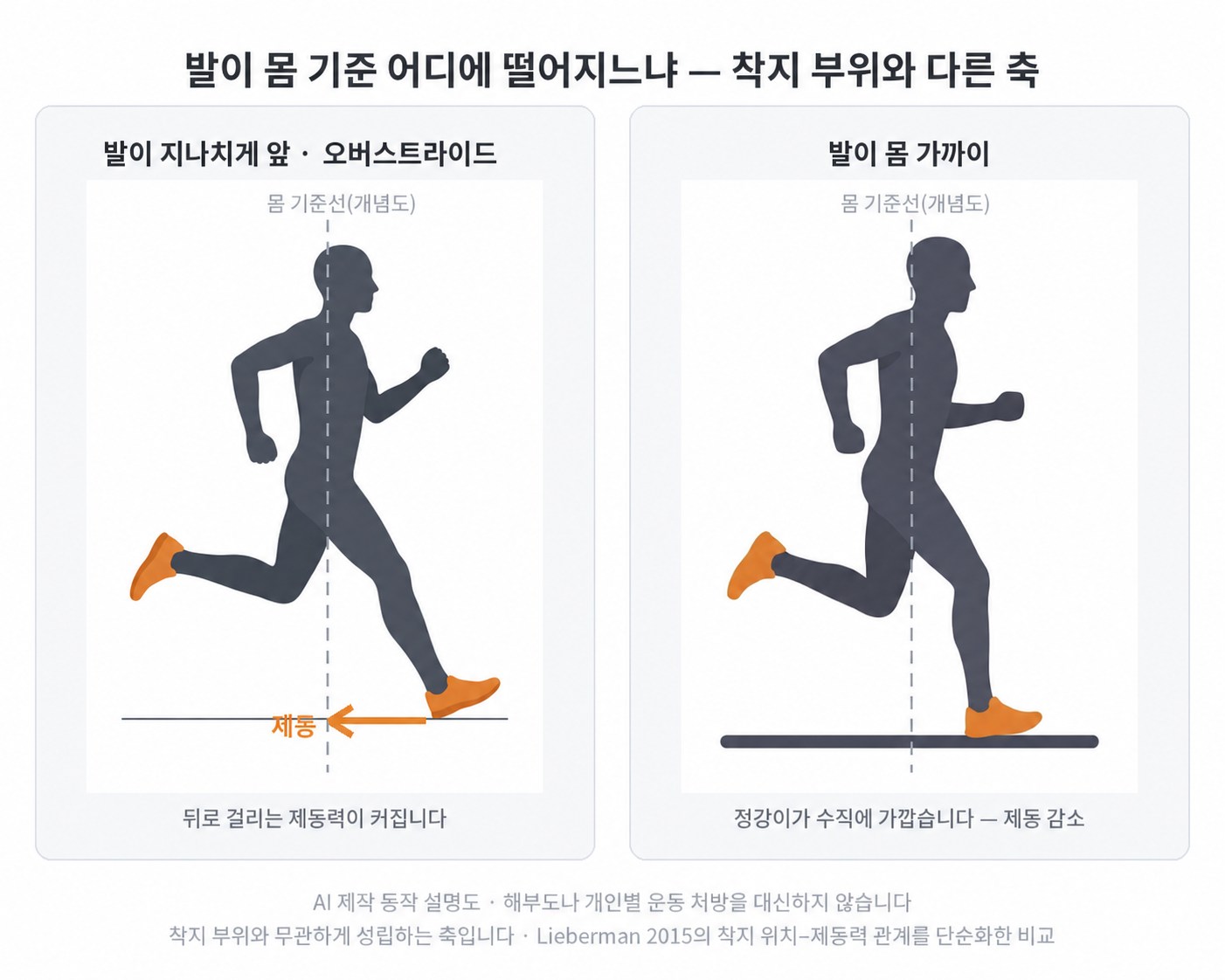 오버스트라이드로 발이 몸 앞에 멀리 떨어지는 러너와 발이 몸 가까이 떨어지고 정강이가 수직에 가까운 러너를 나란히 그린 비교 일러스트