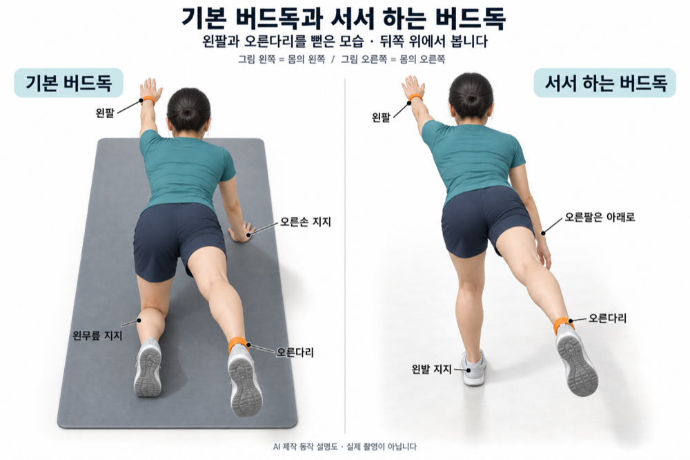 기본 버드독과 서서 하는 버드독을 나란히 둔 동작 설명도. 두 동작 모두 왼팔과 오른다리를 뻗고, 기본은 오른손과 왼무릎으로 서서 하는 쪽은 왼발로 몸을 받친다
