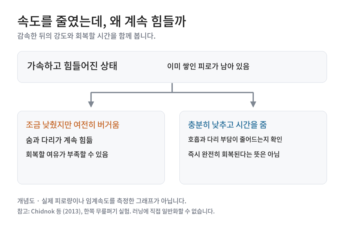 가속하고 힘들어진 상태에서, 조금 낮췄지만 여전히 버거운 경우와 충분히 낮추고 시간을 준 경우로 갈라지는 개념도