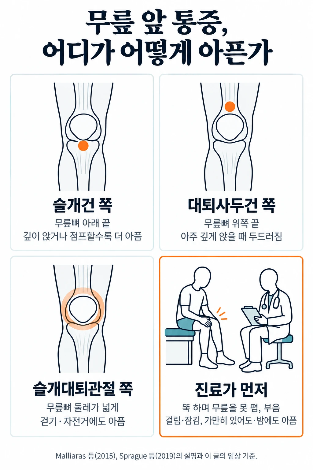 무릎 앞 통증을 네 칸으로 나눈 그림. 슬개건 쪽은 무릎뼈 아래 끝이 아프고 깊이 앉거나 점프할수록 더 아프다. 대퇴사두건 쪽은 무릎뼈 위쪽 끝이 아프고 아주 깊게 앉을 때 두드러진다. 슬개대퇴관절 쪽은 무릎뼈 둘레가 넓게 아프고 걷기·자전거에도 아프다. 네 번째 칸은 뚝 하는 느낌과 함께 무릎을 못 펴거나, 무릎이 붓거나, 걸리거나 잠기거나, 가만히 있을 때나 밤에도 아프면 진료가 먼저라고 적었다.