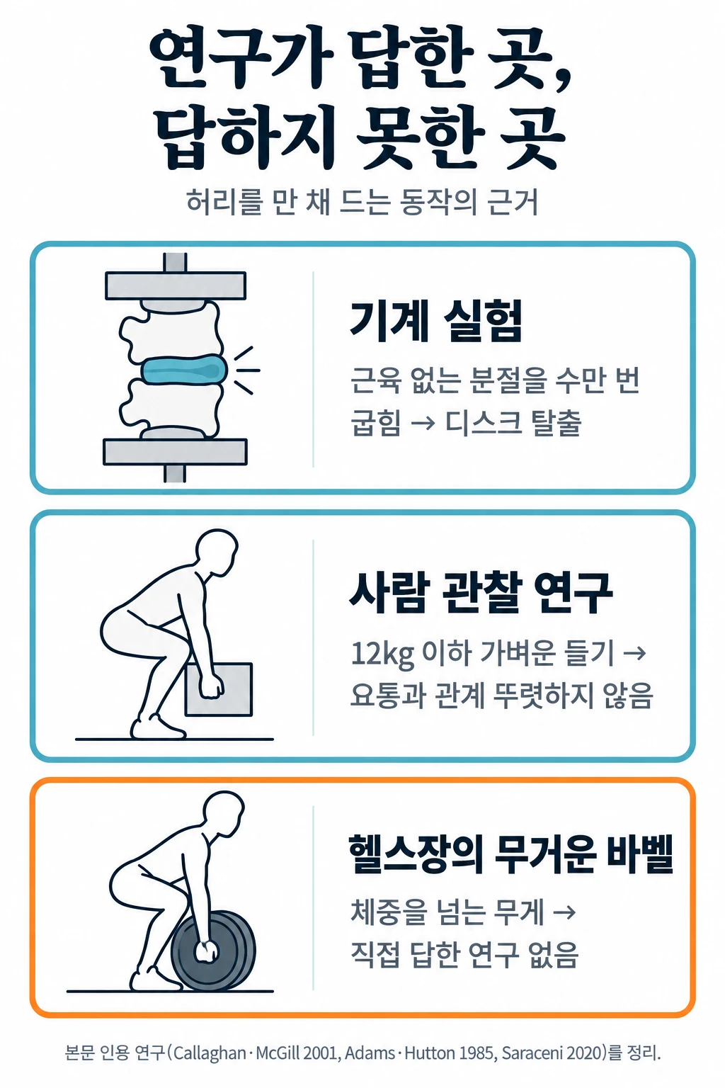 세 칸으로 나눈 그림. 첫 칸은 기계에 물린 척추 분절 그림과 '근육 없는 분절을 수만 번 굽힘, 디스크 탈출이 생김', 둘째 칸은 상자를 드는 사람 그림과 '12kg 이하의 가벼운 들기, 요통과의 관계가 뚜렷하지 않음', 셋째 칸은 무거운 바벨을 드는 사람 그림과 '체중을 넘는 바벨, 직접 답한 연구 없음'.