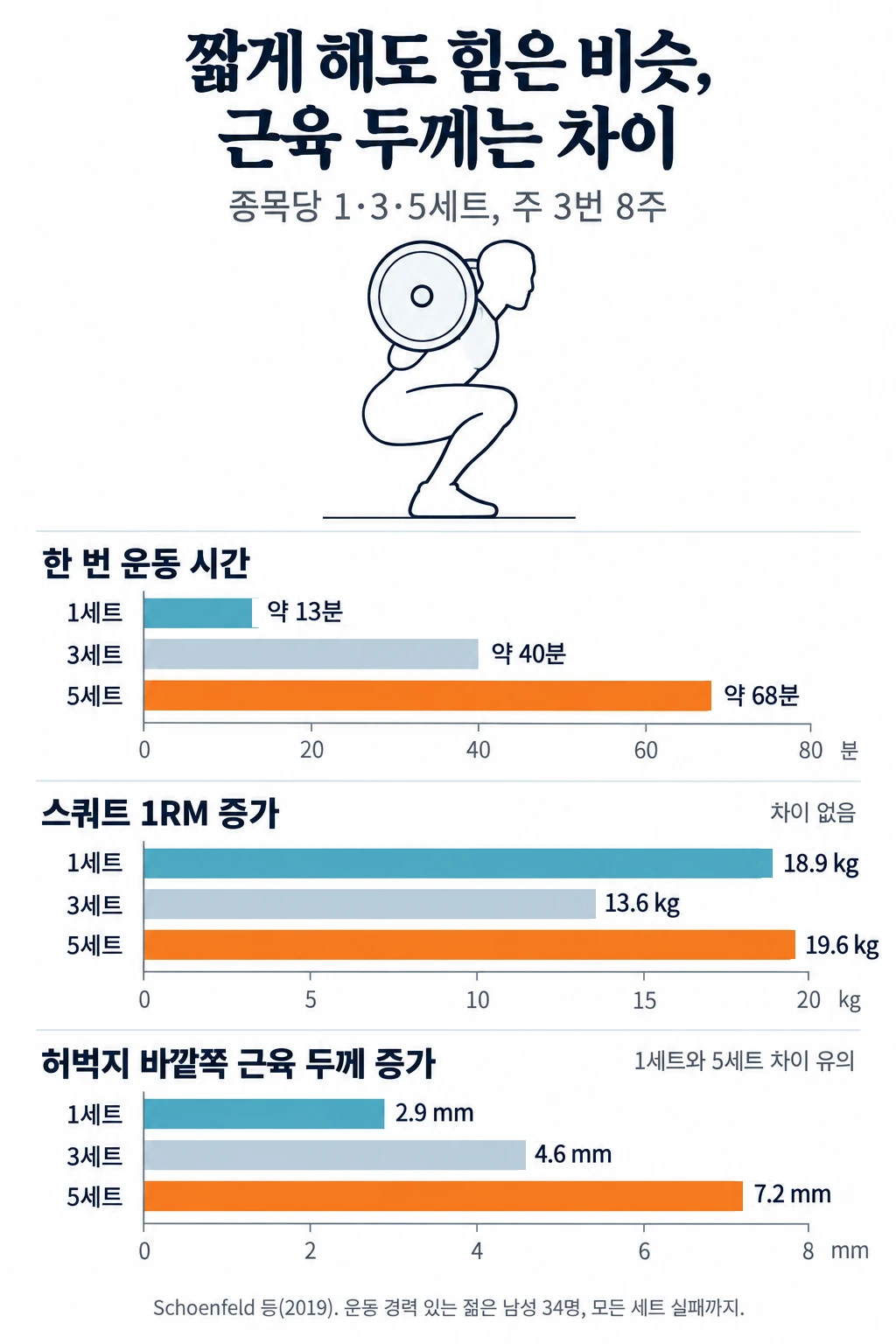 종목당 1세트, 3세트, 5세트를 8주 동안 한 세 무리를 비교한 그림. 한 번 운동 시간은 약 13분, 40분, 68분이었습니다. 스쿼트 1RM 증가는 18.9 kg, 13.6 kg, 19.6 kg으로 차이가 없었고, 허벅지 바깥쪽 근육 두께 증가는 2.9 mm, 4.6 mm, 7.2 mm로 1세트와 5세트 사이 차이가 유의했습니다.
