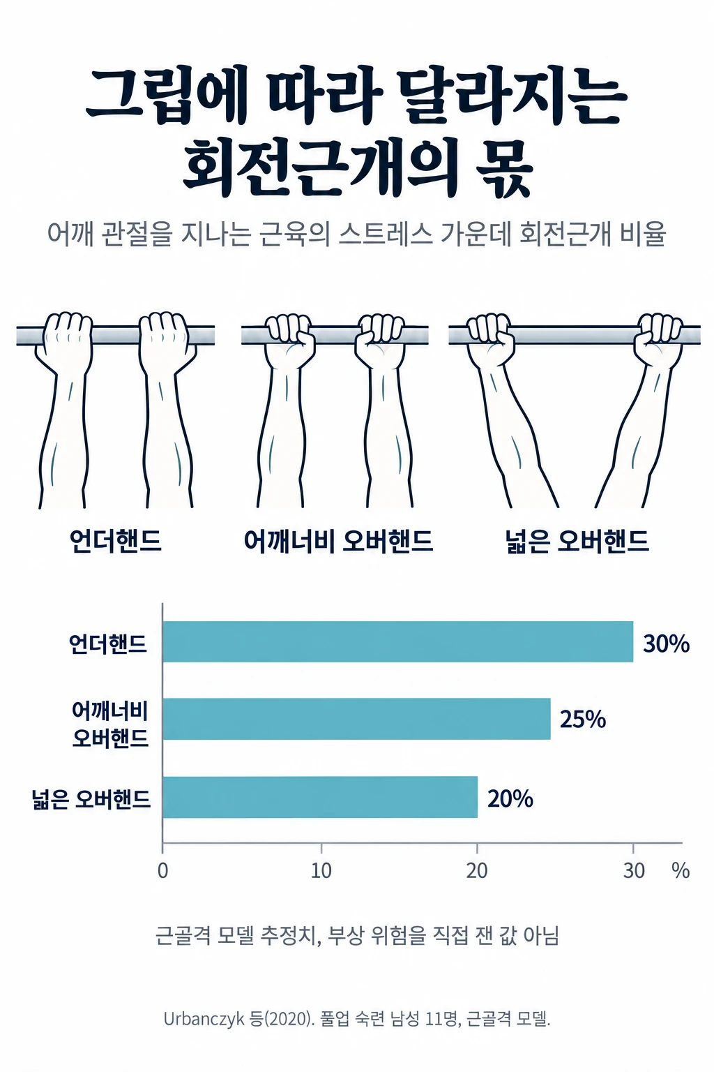 철봉을 잡은 세 가지 그립을 앞에서 본 손 그림과 회전근개 부하 비율 막대그래프. 언더핸드는 손등과 손가락 마디가 보이고 엄지가 바깥쪽에 있으며, 두 오버핸드는 손가락 끝이 철봉 앞으로 감기고 엄지가 안쪽에서 감싼다. 넓은 오버핸드는 두 손 사이가 더 넓다. 어깨 관절을 지나는 근육 전체의 스트레스 가운데 회전근개가 맡은 비율은 언더핸드 30%, 어깨너비 오버핸드 25%, 넓은 오버핸드 20%로 계산됐다.
