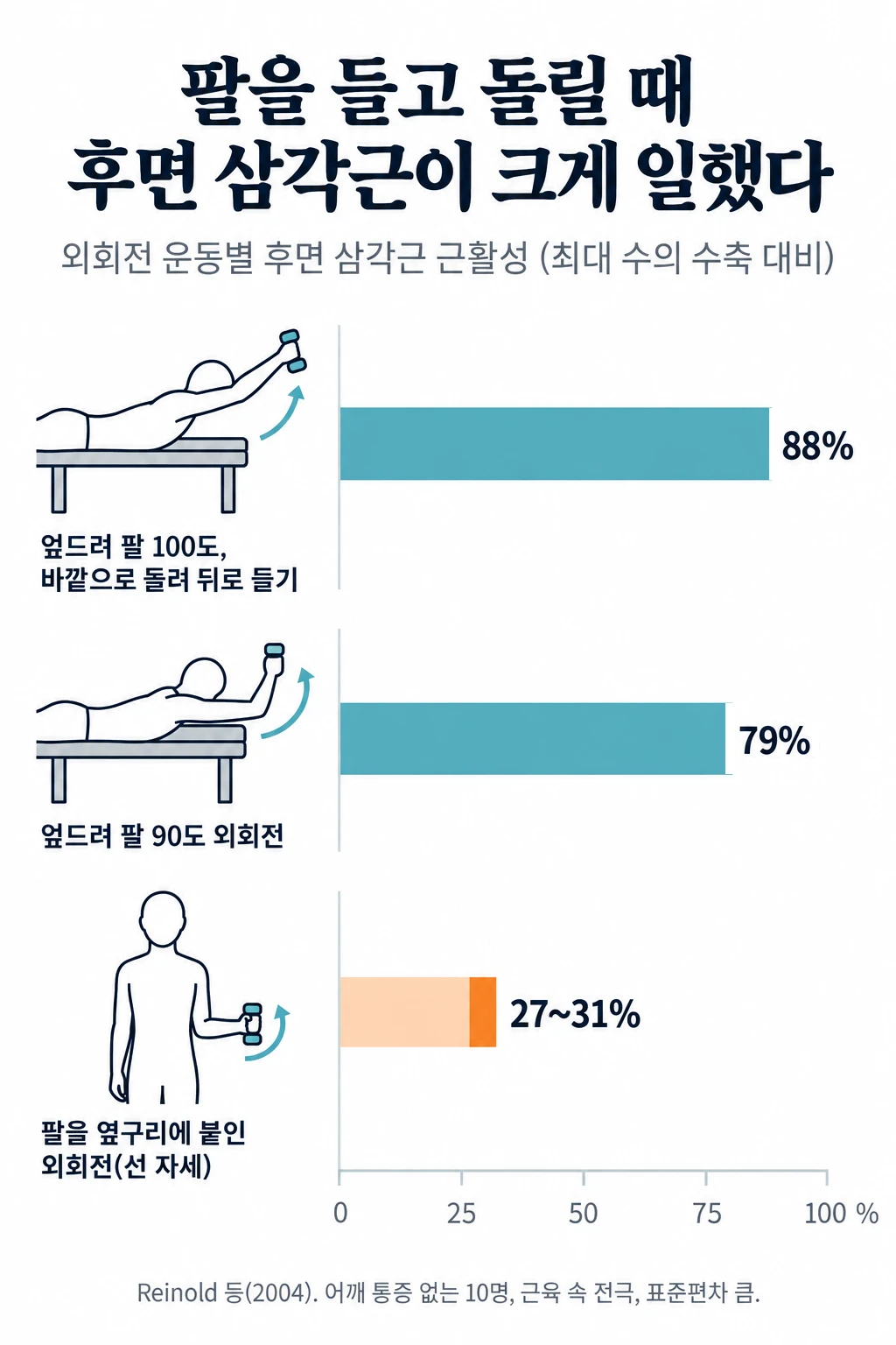 외회전 운동의 팔 위치에 따른 후면 삼각근 근활성 가로 막대그래프. 엎드려 팔을 100도 벌리고 바깥으로 끝까지 돌린 채 뒤로 드는 운동 88%, 엎드려 팔을 90도 벌린 외회전 79%, 팔을 몸통 옆에 붙이고 선 채 하는 외회전 27~31%(최대 수의 수축 대비). 팔이 옆으로 들린 자세에서 후면 삼각근이 크게 일했다.