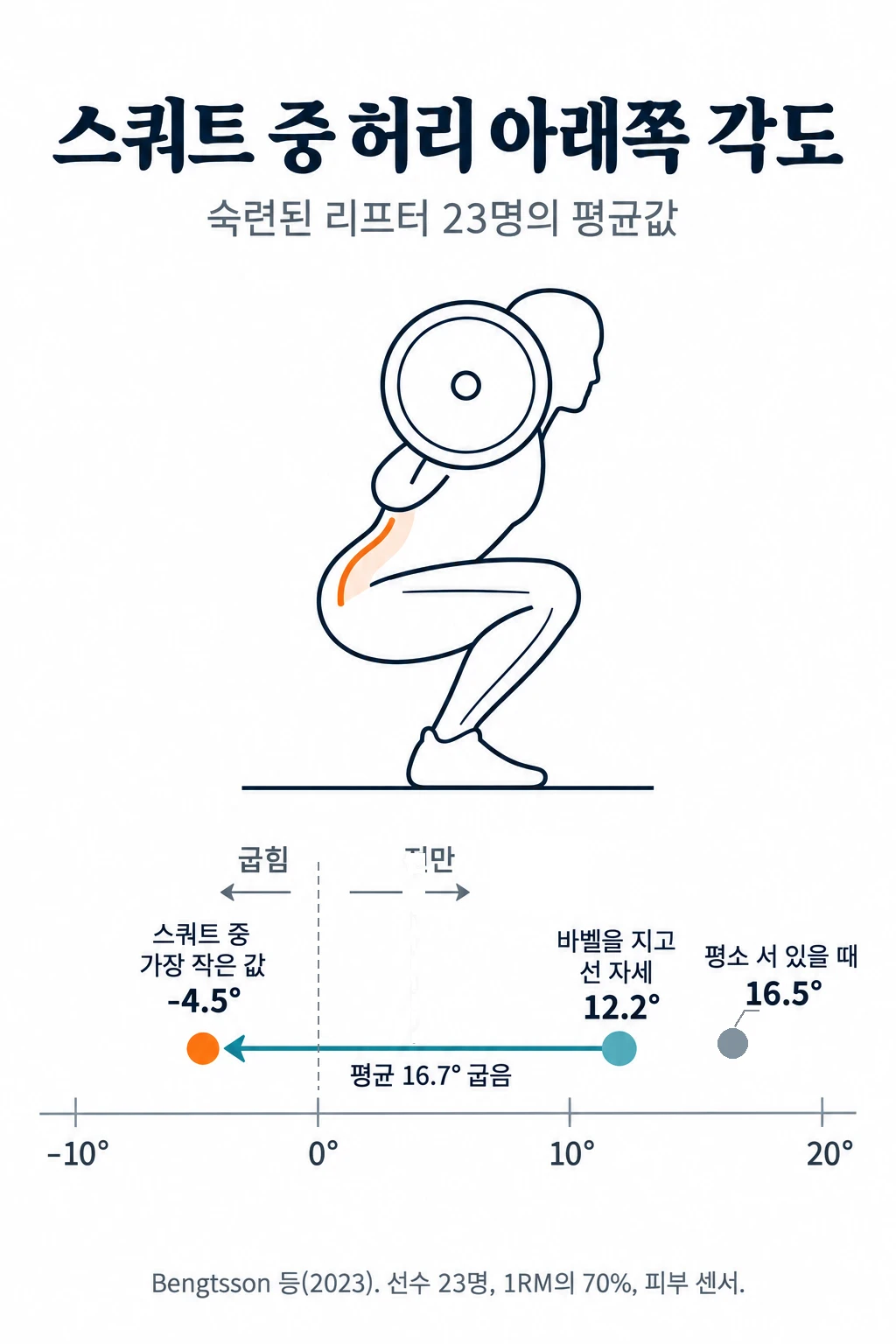 -10도에서 20도까지의 가로 눈금 위에 허리 아래쪽(2번 허리뼈~엉치뼈) 각도의 평균값 세 개를 점으로 찍은 그림. 평소 서 있을 때 16.5도, 바벨을 지고 선 자세 12.2도, 스쿼트 중 가장 작은 값 -4.5도. 0도 오른쪽은 전만, 왼쪽은 굽힘이며, 바벨을 지고 선 자세에서 가장 작은 값까지 평균 16.7도 굽었다.